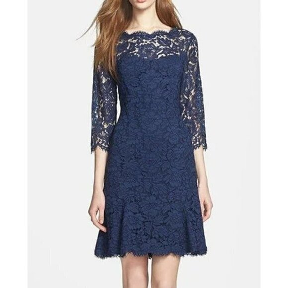 Eliza J Floral Lace Fit and Flare Tulip Dress in Navy Blue Estimated Sz 12 - Picture 1 of 8